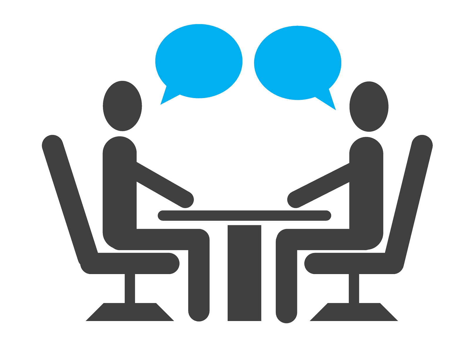 MMI-Interview Two characters sitting at a table facing each other like an interview.