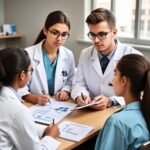 Group of medical professionals huddled together to make a decision for a patient