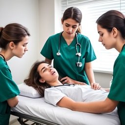 Group of doctors huddled around a patient on a bed